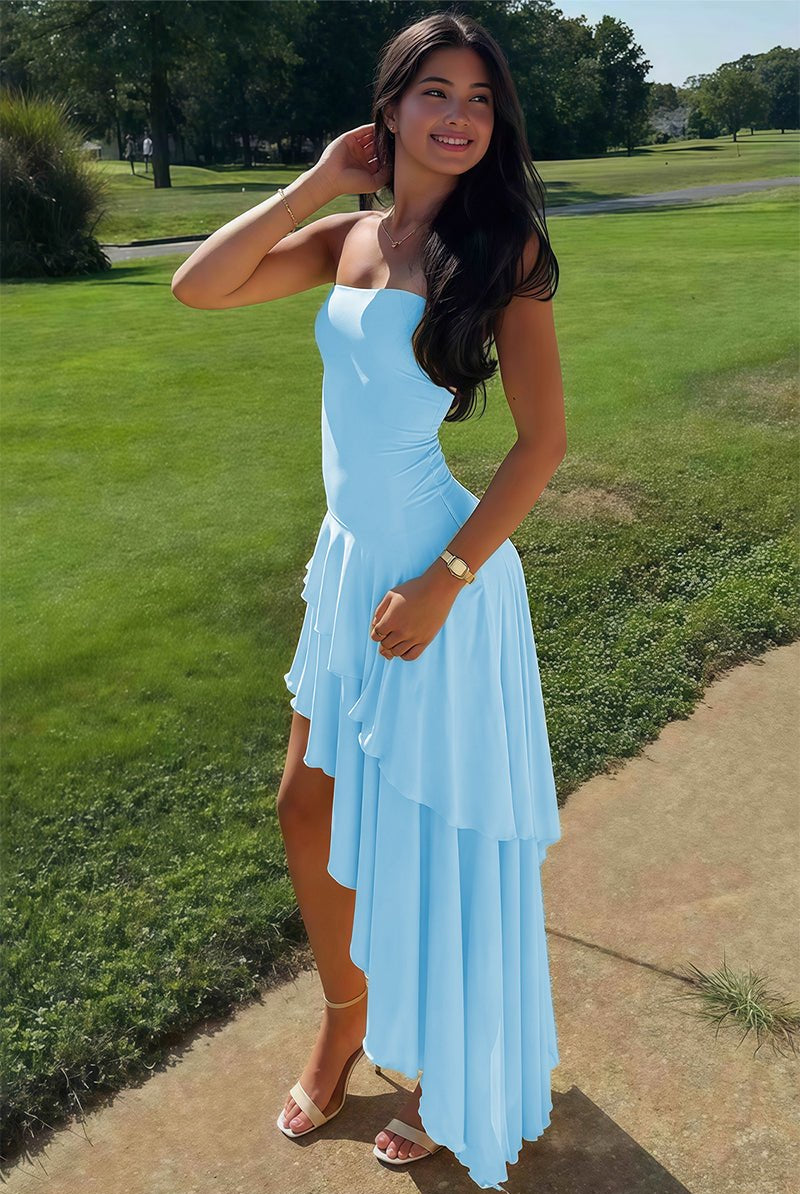 KissProm-Vaelie Blue Sheath Strapless Spandex High Low Long Prom Dresses with Ruffles