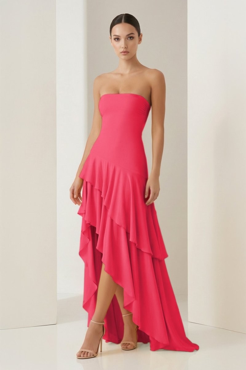 Vaelie | Coral - Sheath Strapless Spandex High Low Long Prom Dresses with Ruffles - KissProm