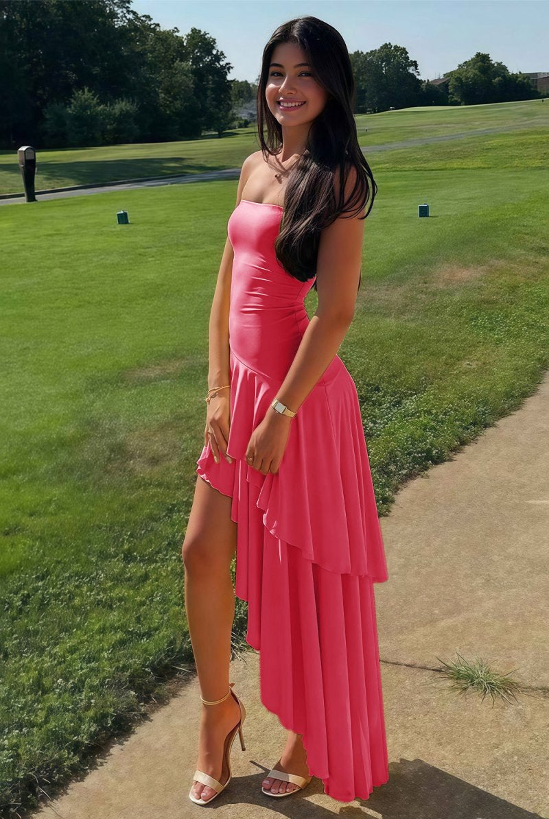 KissProm-Vaelie Coral Sheath Strapless Spandex High Low Long Prom Dresses With Ruffles