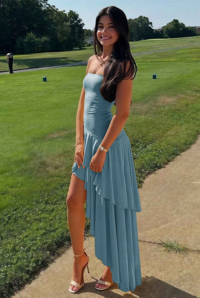 KissProm-Vaelie Dusty Blue Sheath Strapless Spandex High Low Long Prom Dresses With Ruffles