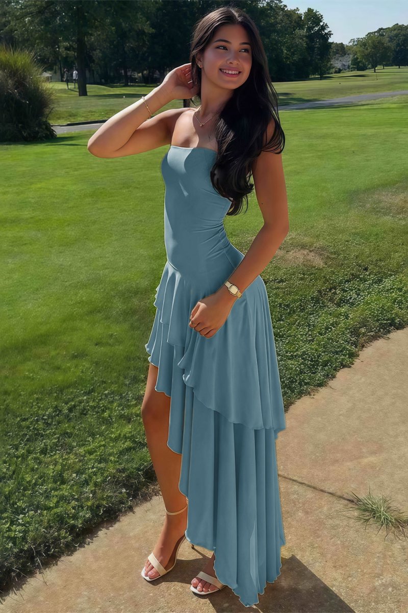 KissProm-Vaelie Dusty Blue Sheath Strapless Spandex High Low Long Prom Dresses With Ruffles
