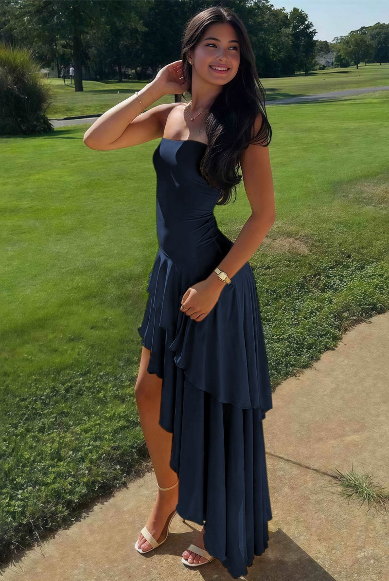 KissProm-Vaelie Navy Blue Sheath Strapless Spandex High Low Long Prom Dresses With Ruffles