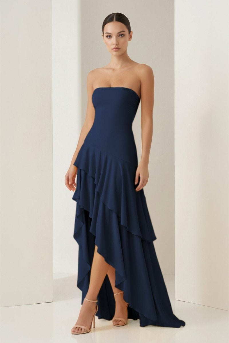 KissProm-Vaelie Navy Blue Sheath Strapless Spandex High Low Long Prom Dresses With Ruffles