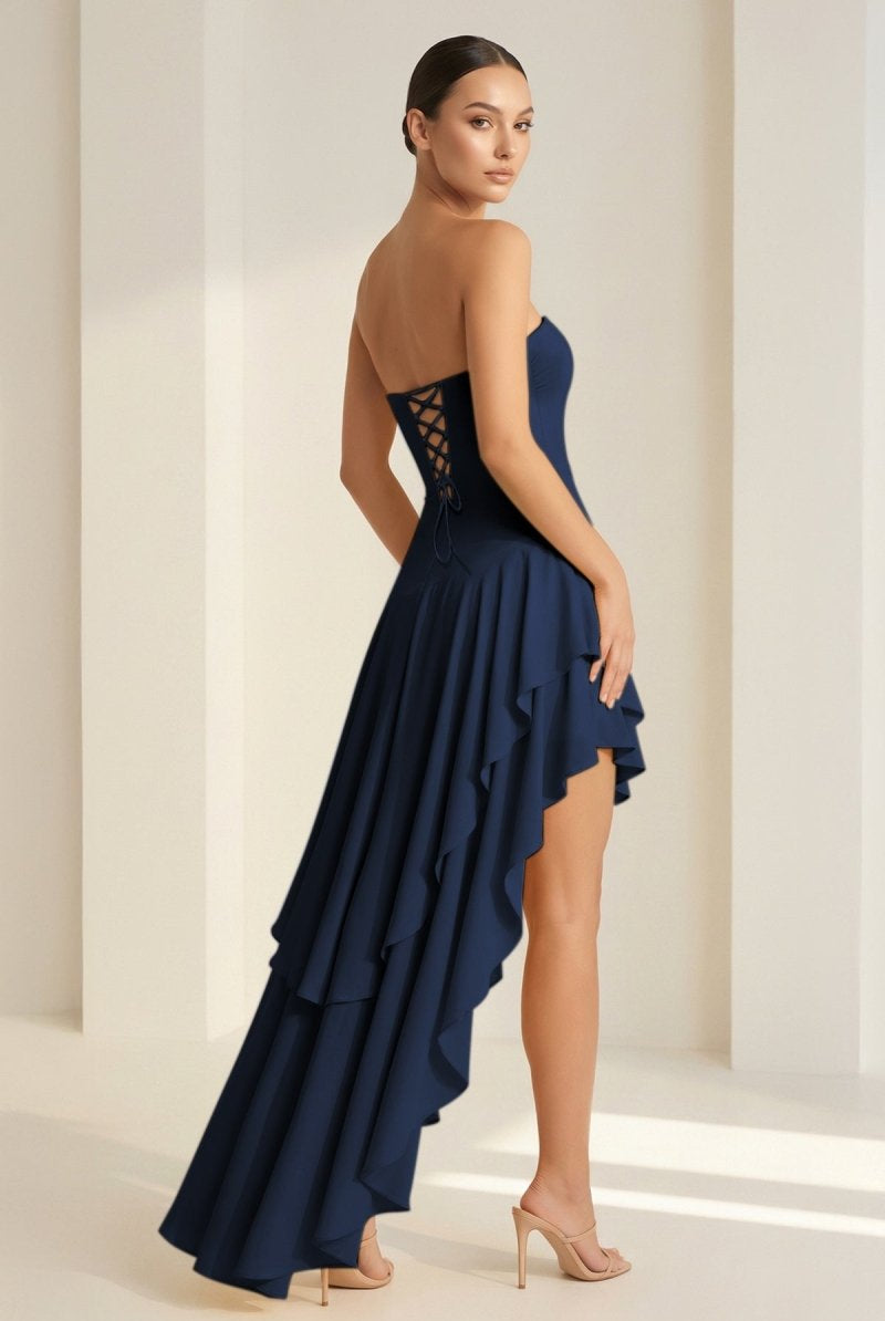KissProm-Vaelie Navy Blue Sheath Strapless Spandex High Low Long Prom Dresses With Ruffles