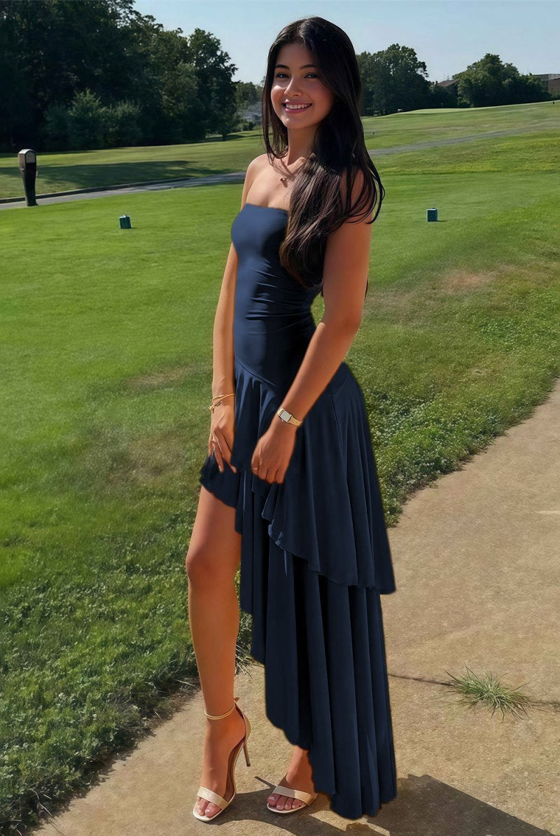 KissProm-Vaelie Navy Blue Sheath Strapless Spandex High Low Long Prom Dresses With Ruffles