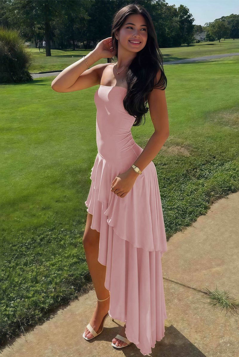 KissProm-Vaelie Pink Sheath Strapless Spandex High Low Long Prom Dresses With Ruffles