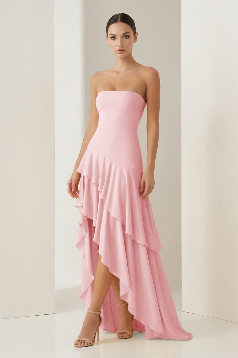 KissProm-Vaelie Pink Sheath Strapless Spandex High Low Long Prom Dresses With Ruffles