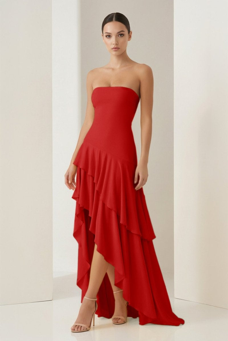 Vaelie | Red - Sheath Strapless Spandex High Low Long Prom Dresses with Ruffles - KissProm