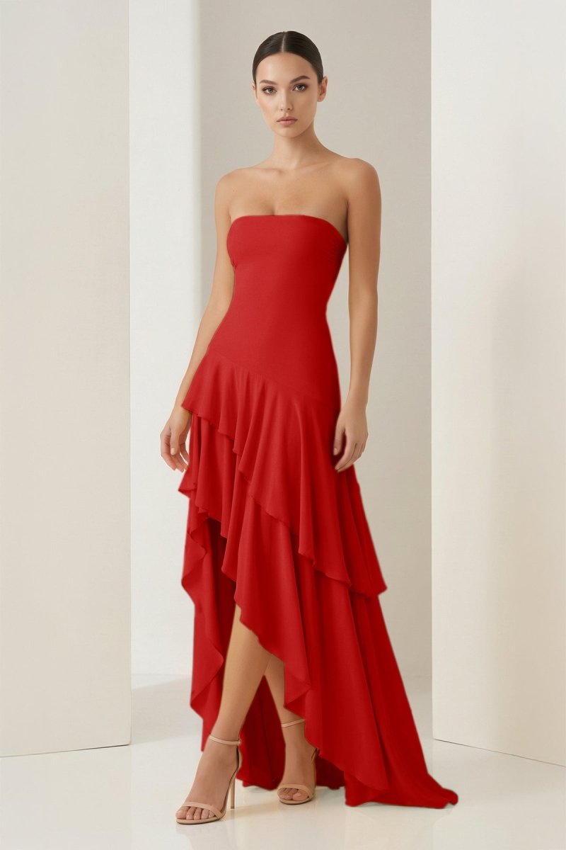 Vaelie | Red - Sheath Strapless Spandex High Low Long Prom Dresses with Ruffles - KissProm