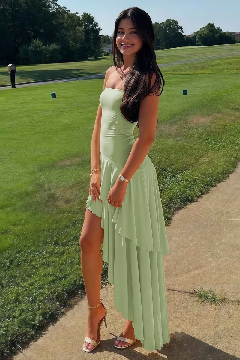 KissProm-Vaelie Sage Sheath Strapless Spandex High Low Long Prom Dresses With Ruffles