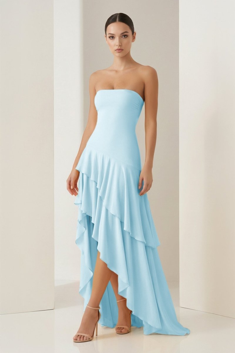 Vaelie | Sky Blue - Sheath Strapless Spandex High Low Long Prom Dresses with Ruffles - KissProm