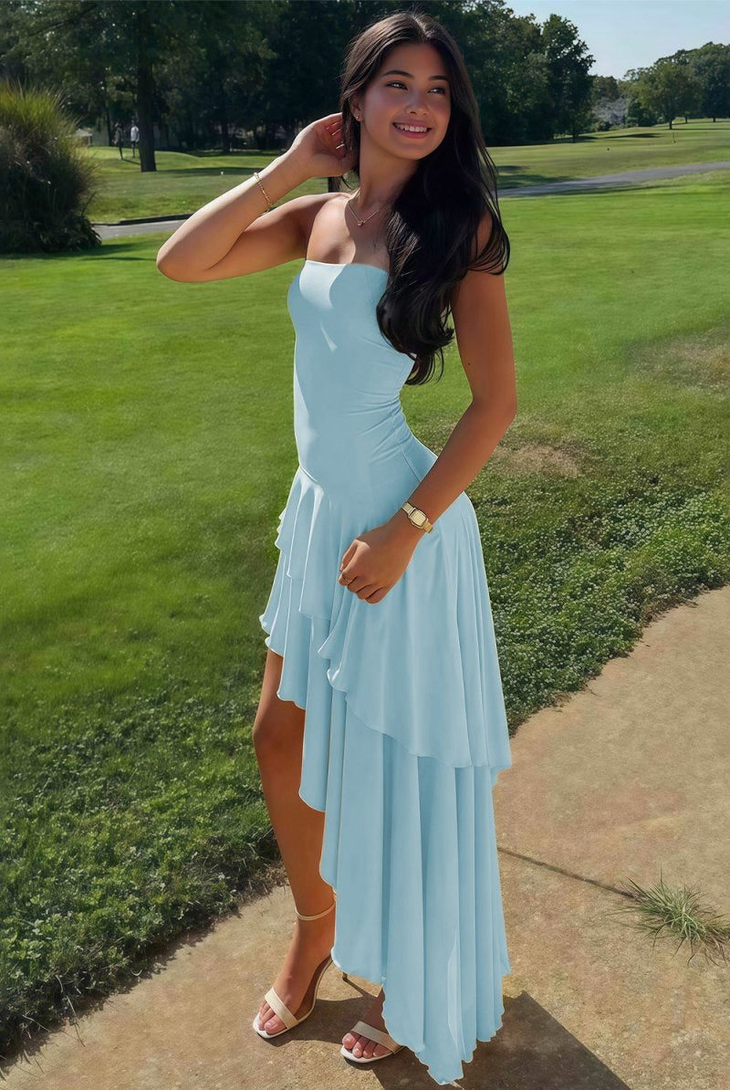KissProm-Vaelie Sky Blue Sheath Strapless Spandex High Low Long Prom Dresses With Ruffles