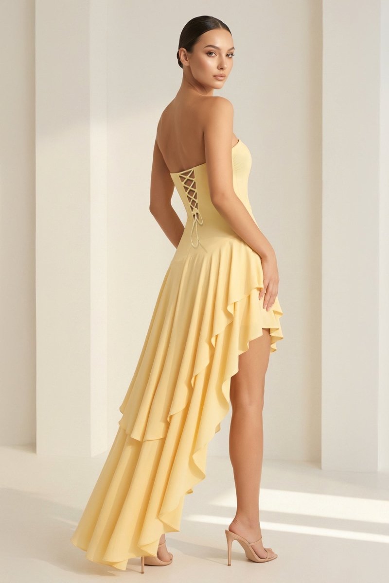 Vaelie | Yellow - Sheath Strapless Spandex High Low Long Prom Dresses with Ruffles - KissProm