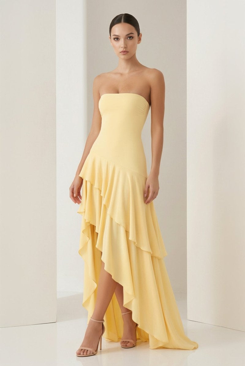 Vaelie | Yellow - Sheath Strapless Spandex High Low Long Prom Dresses with Ruffles - KissProm