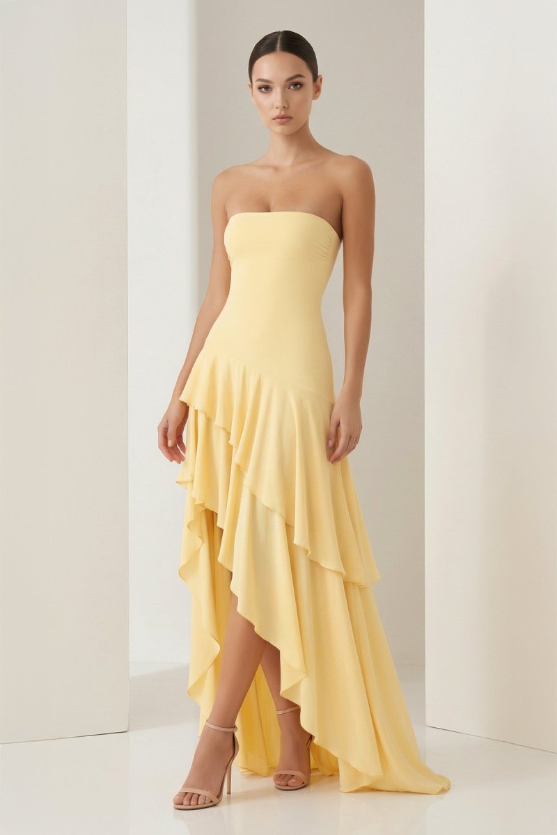 Vaelie | Yellow - Sheath Strapless Spandex High Low Long Prom Dresses with Ruffles - KissProm