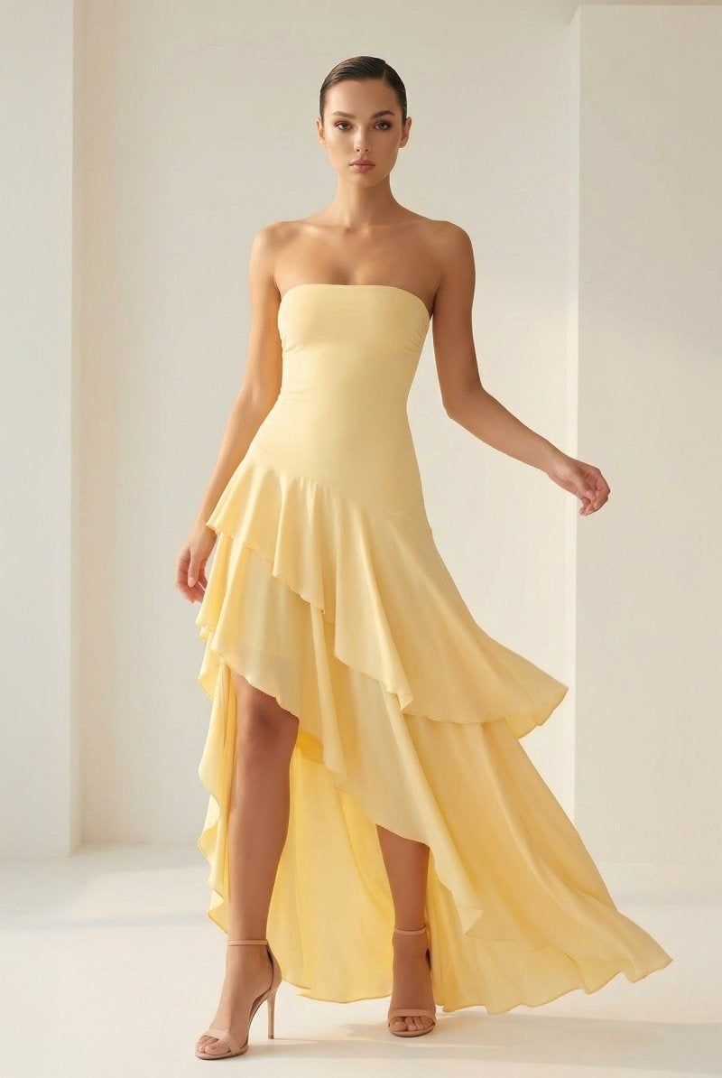 Vaelie | Yellow - Sheath Strapless Spandex High Low Long Prom Dresses with Ruffles - KissProm