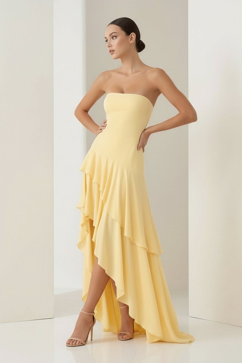Vaelie | Yellow - Sheath Strapless Spandex High Low Long Prom Dresses with Ruffles - KissProm