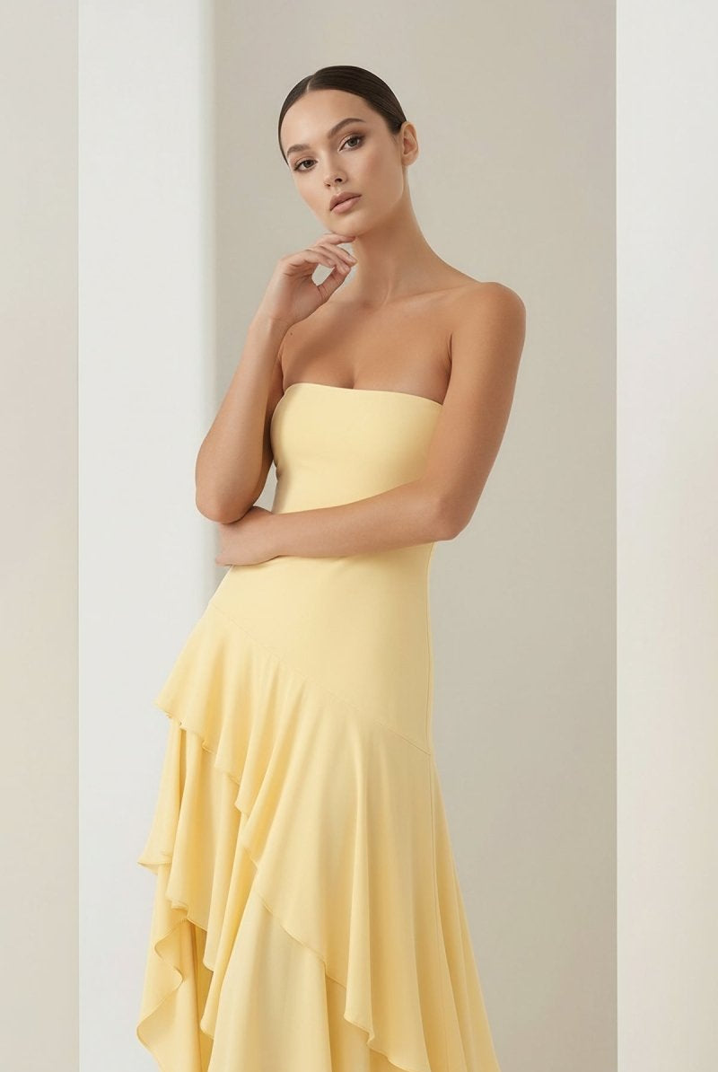 Vaelie | Yellow - Sheath Strapless Spandex High Low Long Prom Dresses with Ruffles - KissProm