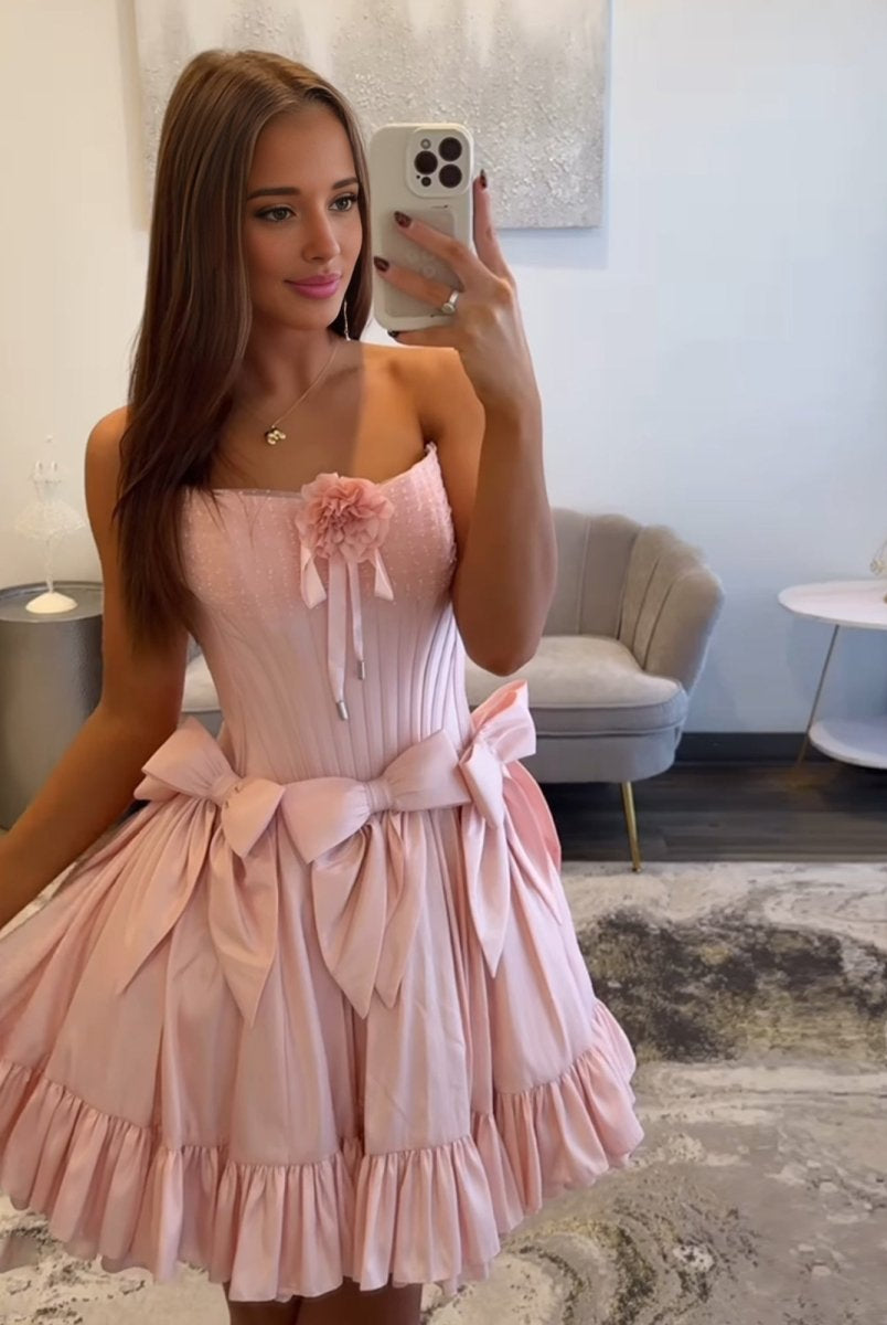 Vaila | Pink - Strapless Satin Ruffles A-Line Homecoming Dress With Bow