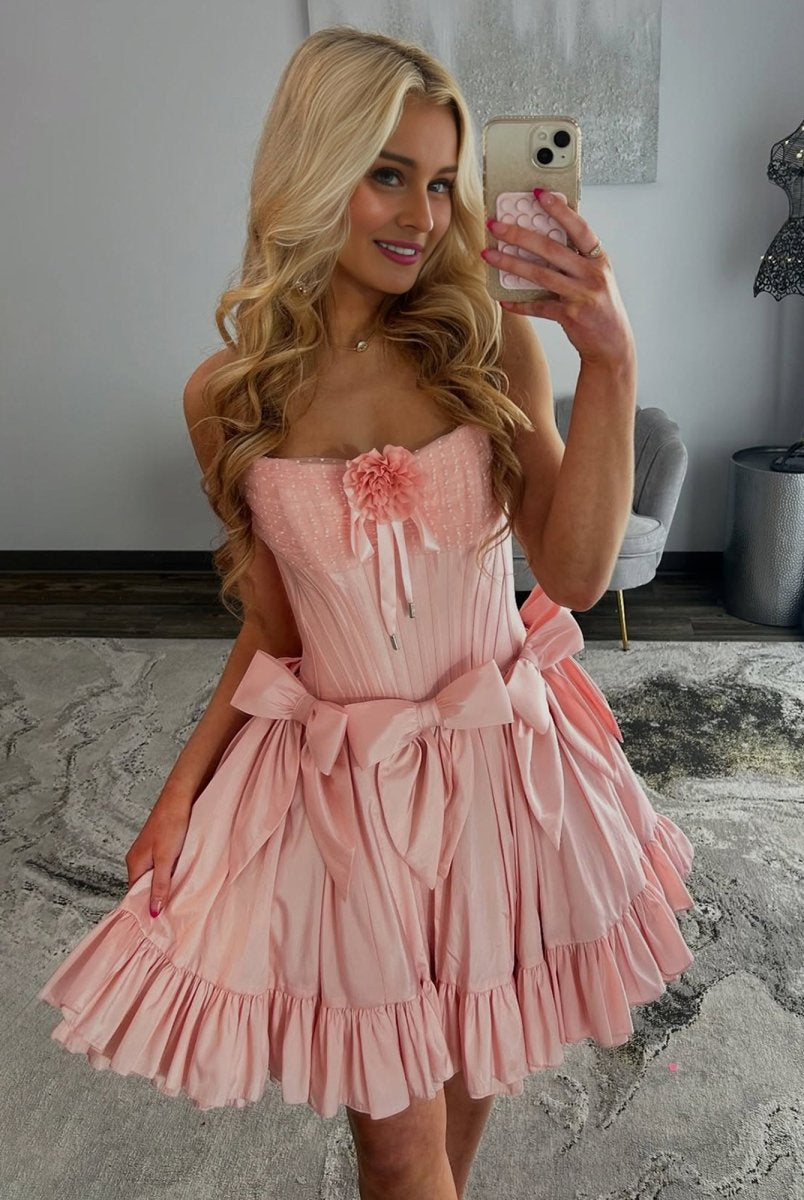 Vaila | Pink - Strapless Satin Ruffles A-Line Homecoming Dress With Bow