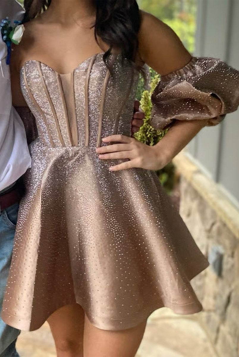 Valdaia | Champagne - A Line Sweetheart Blue Satin Short Homecoming Dresses with Beading