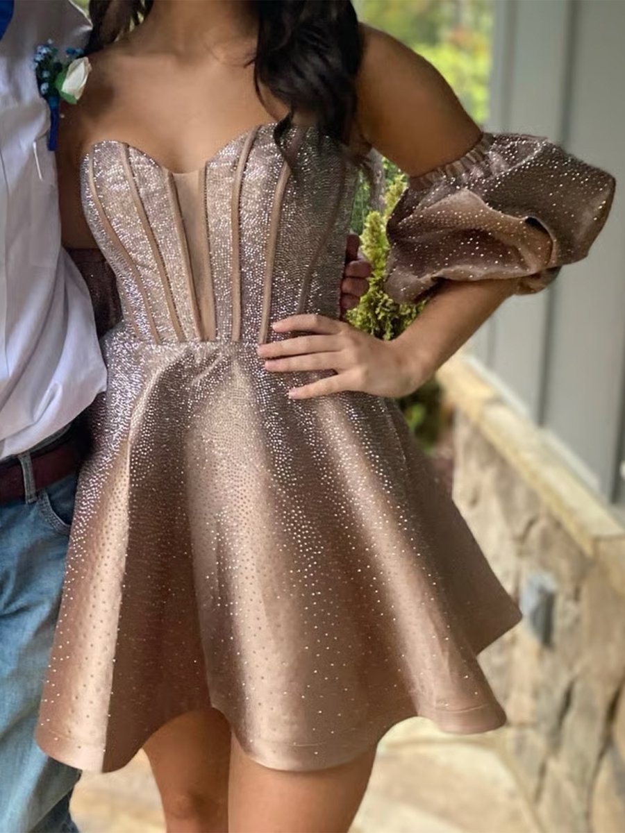 Valdaia | Champagne - A Line Sweetheart Blue Satin Short Homecoming Dresses with Beading