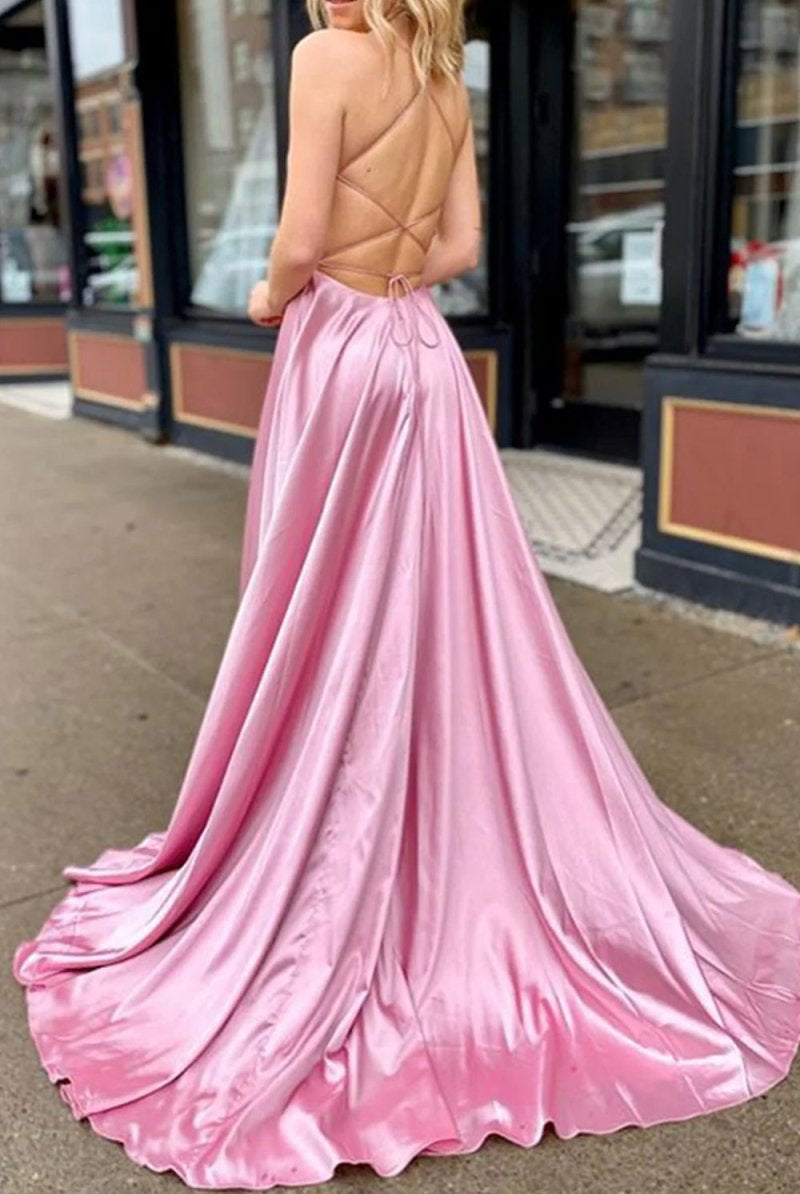 Valeria | Pink V Neck Satin Backless A Line Prom Dress With Pockets - KissProm