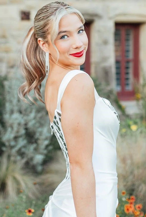 Valeria | White One Shoulder Square Neck Mirror-Cut Sequins Prom Dress With Slit