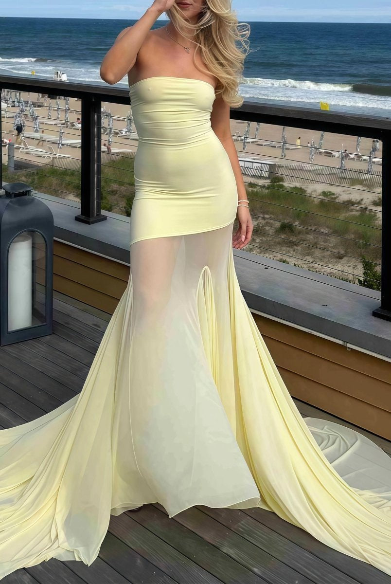 Valeska | Yellow Strapless Chiffon Mermaid Long Prom Dresses - KissProm