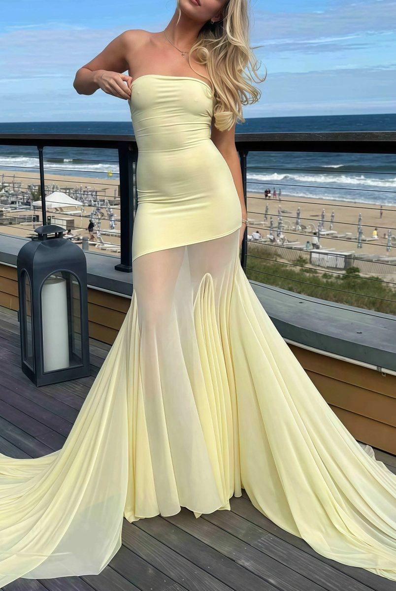 Valeska | Yellow Strapless Chiffon Mermaid Long Prom Dresses - KissProm