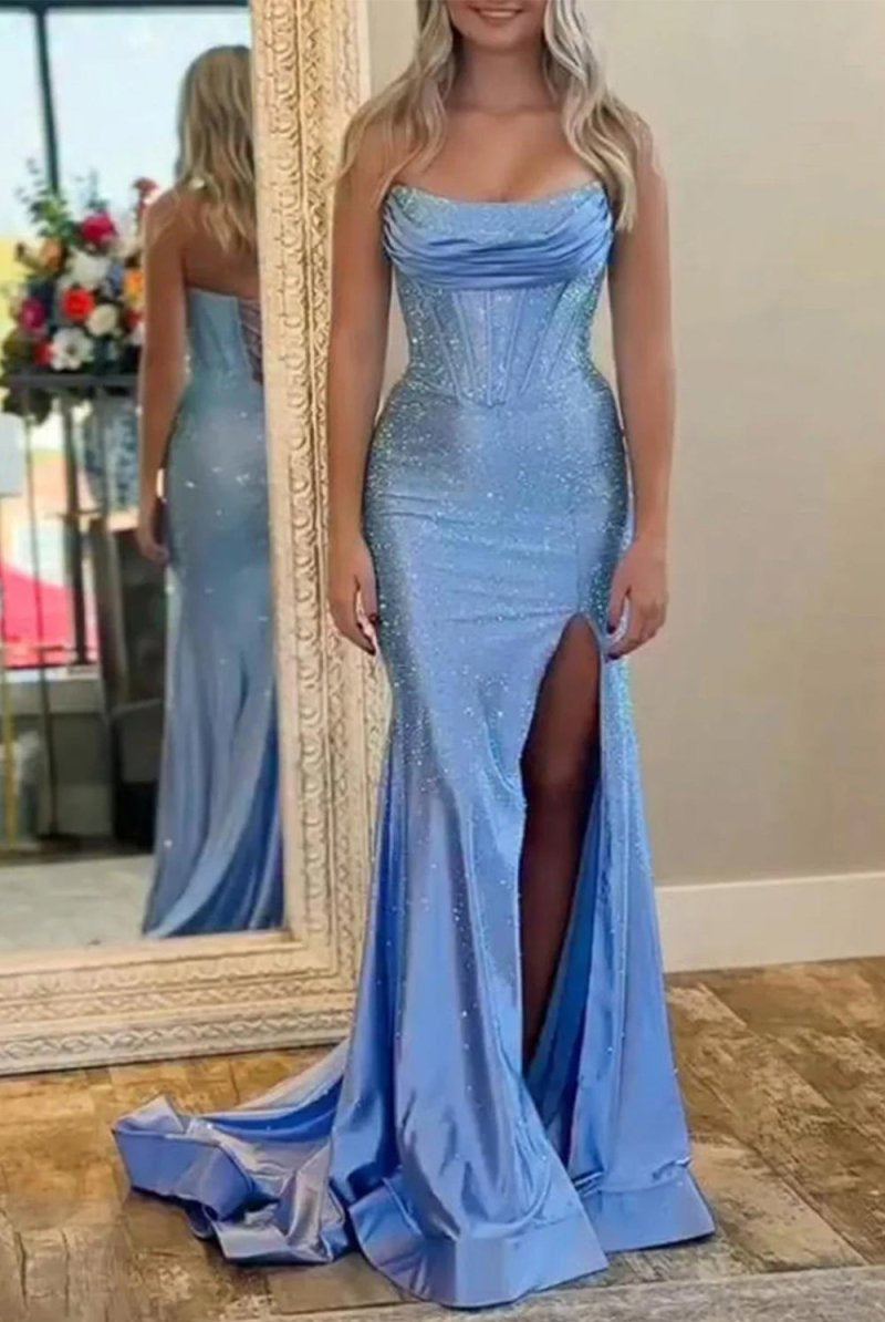KissProm-Valles Sky Blue Strapless Satin Beaded Mermaid Long Prom Dresses With Slit