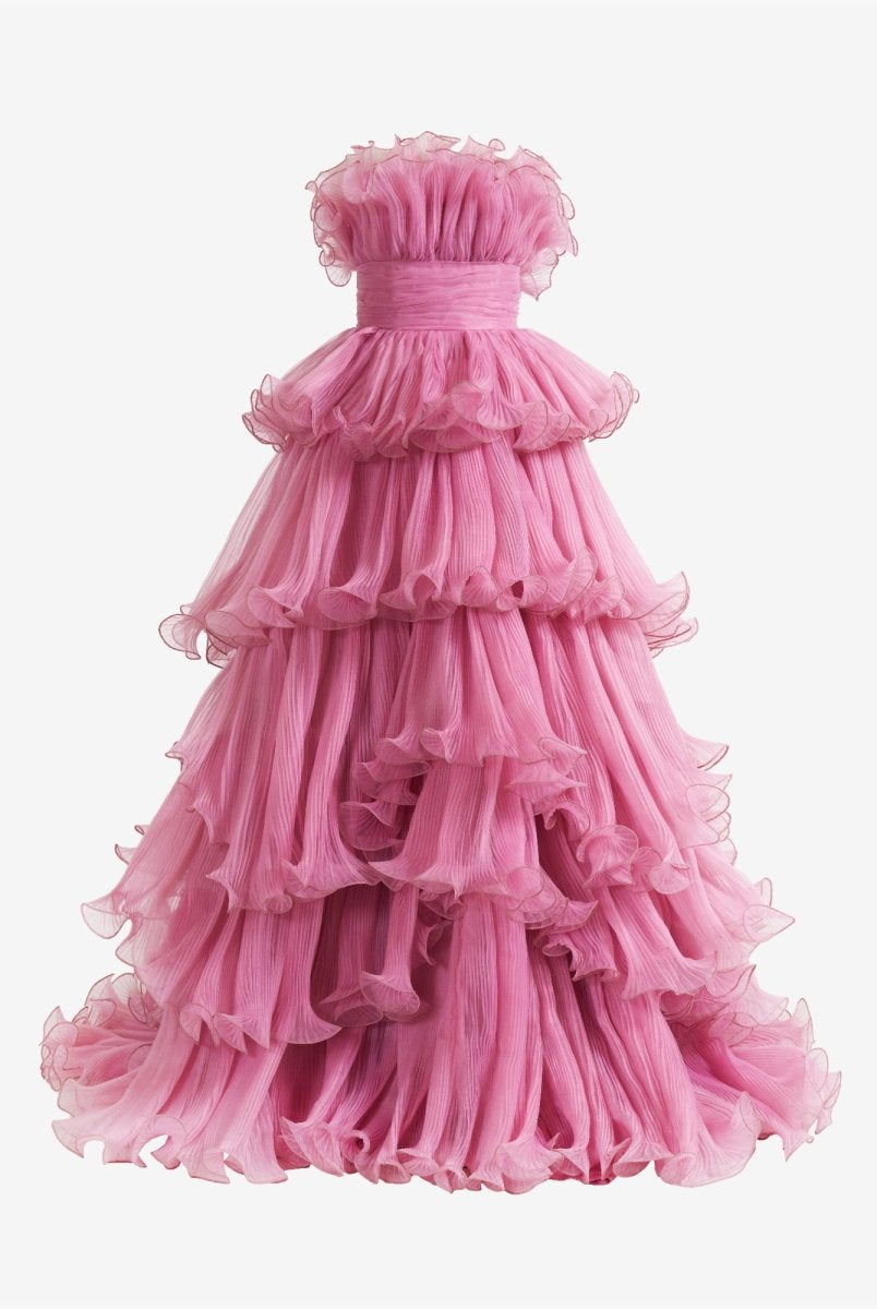 Vanessa |Pink Strapless A - Line Tiered Crinkled Tulle Prom Dress - KissProm