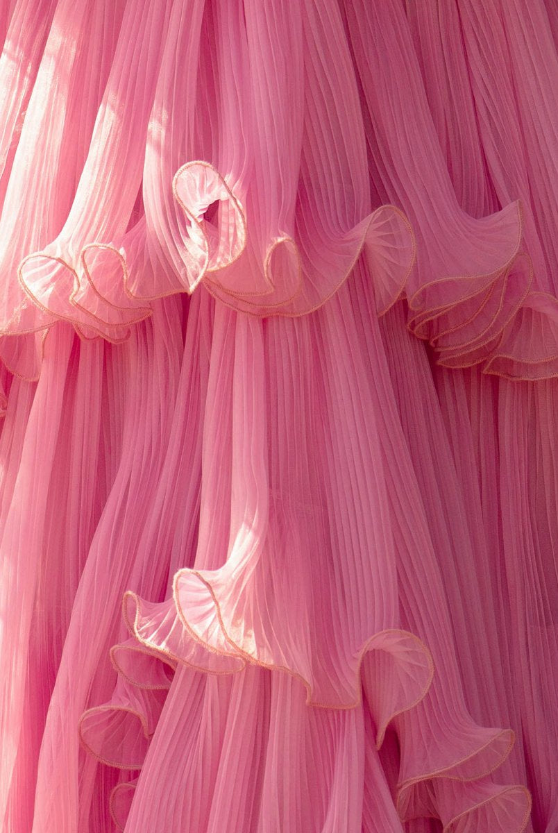 Vanessa |Pink Strapless A - Line Tiered Crinkled Tulle Prom Dress - KissProm