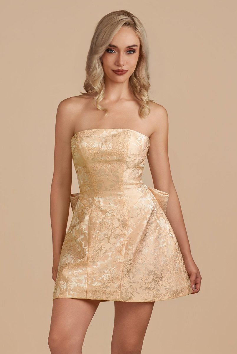 Vanille | Champagne - Strapless Satin A Line Homecoming Dress With Bowknot - KissProm