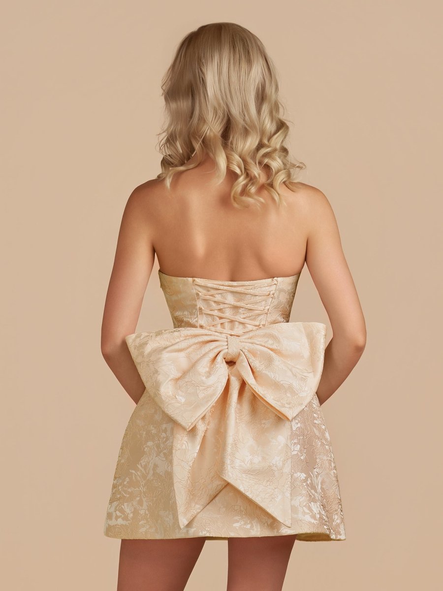 Vanille | Champagne - Strapless Satin A Line Homecoming Dress With Bowknot - KissProm