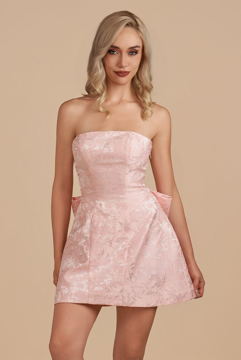 Vanille | Pink - Strapless Satin A Line Homecoming Dress With Bowknot