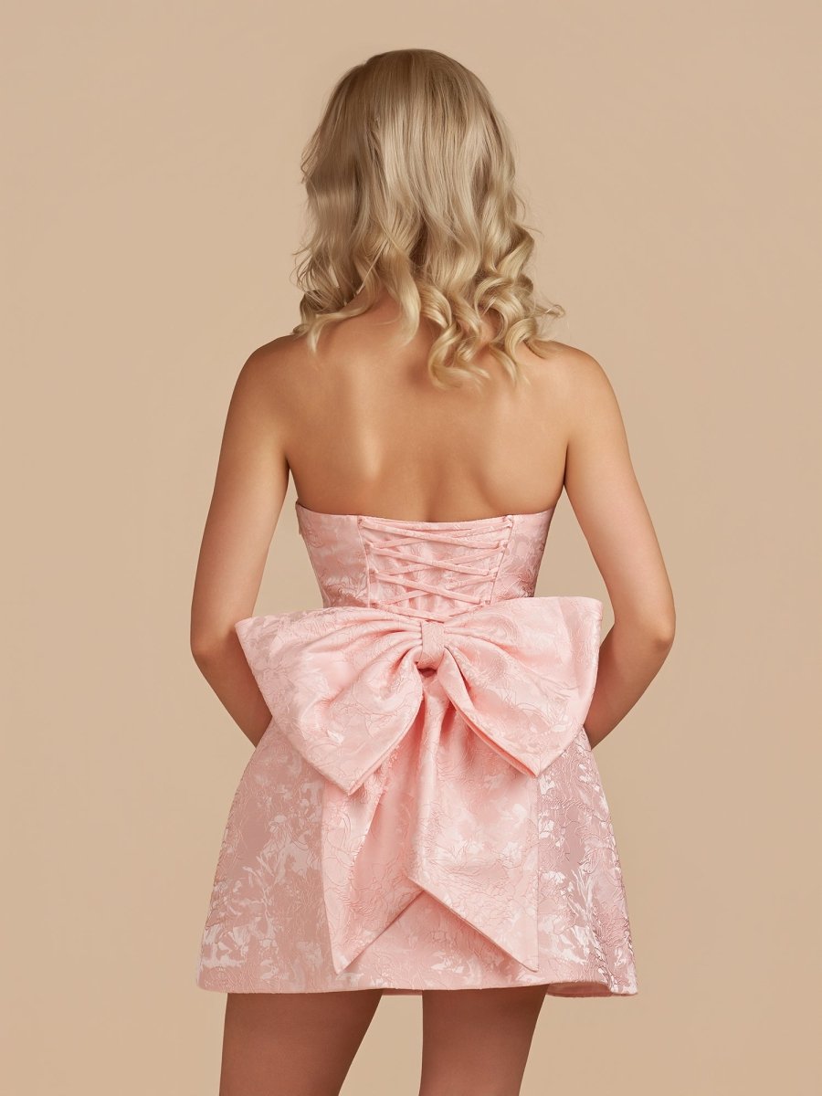 Vanille | Pink - Strapless Satin A Line Homecoming Dress With Bowknot