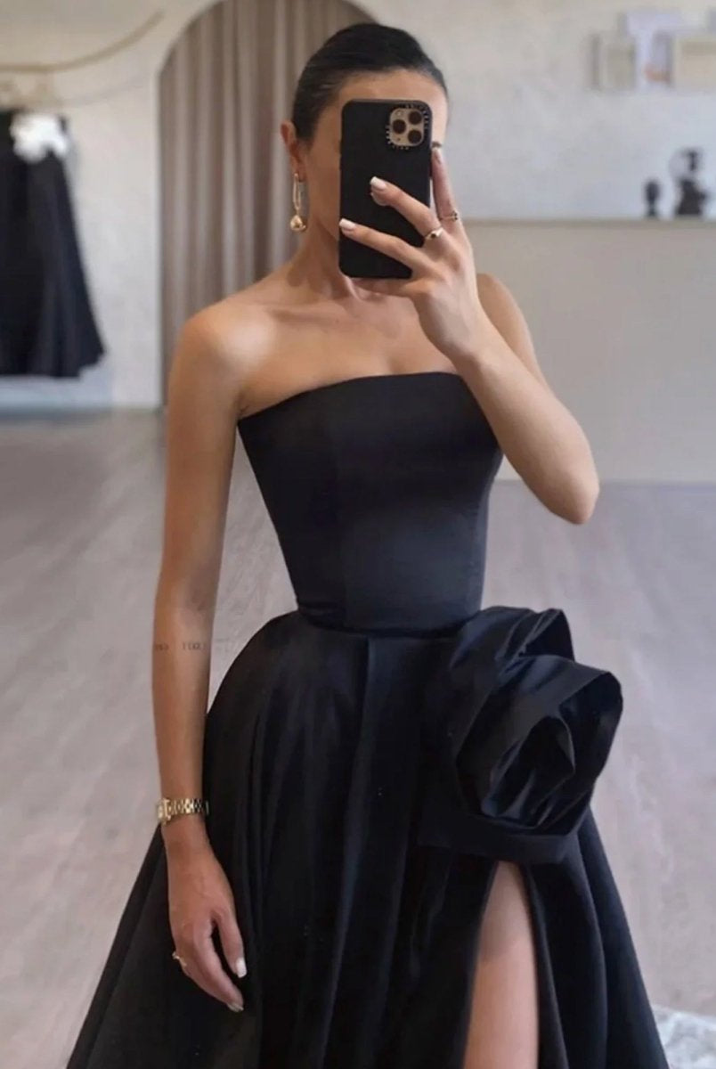 KissProm-Vanora Black Strapless Satin Long Prom Dress With High Split