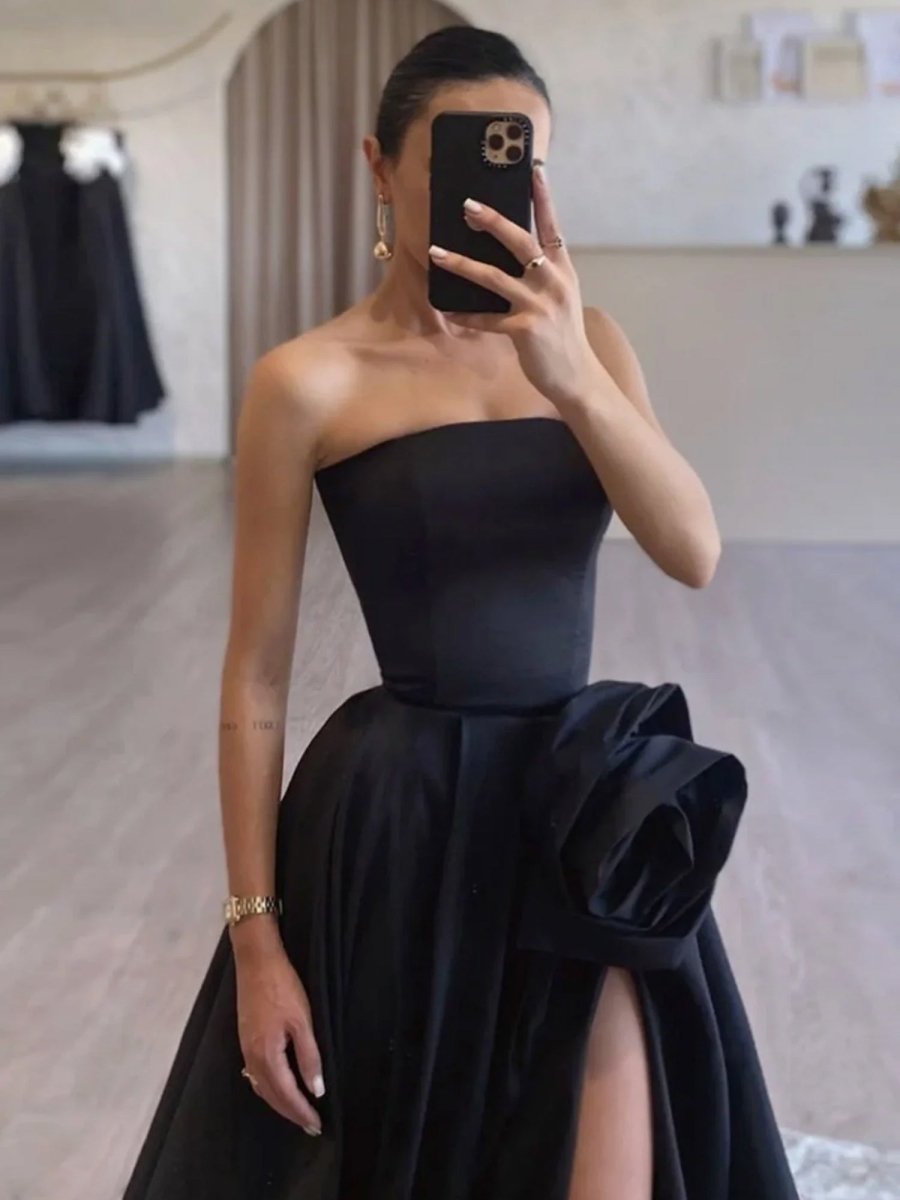 KissProm-Vanora Black Strapless Satin Long Prom Dress With High Split