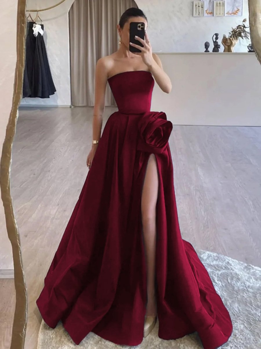 KissProm-Vanora Burgundy Strapless Satin Long Prom Dress With High Split