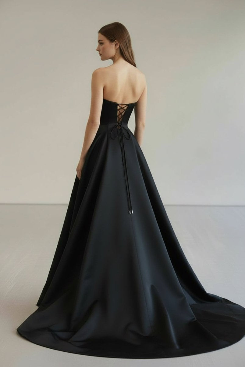 KissProm-Vanora Black Strapless Satin Long Prom Dress With High Split