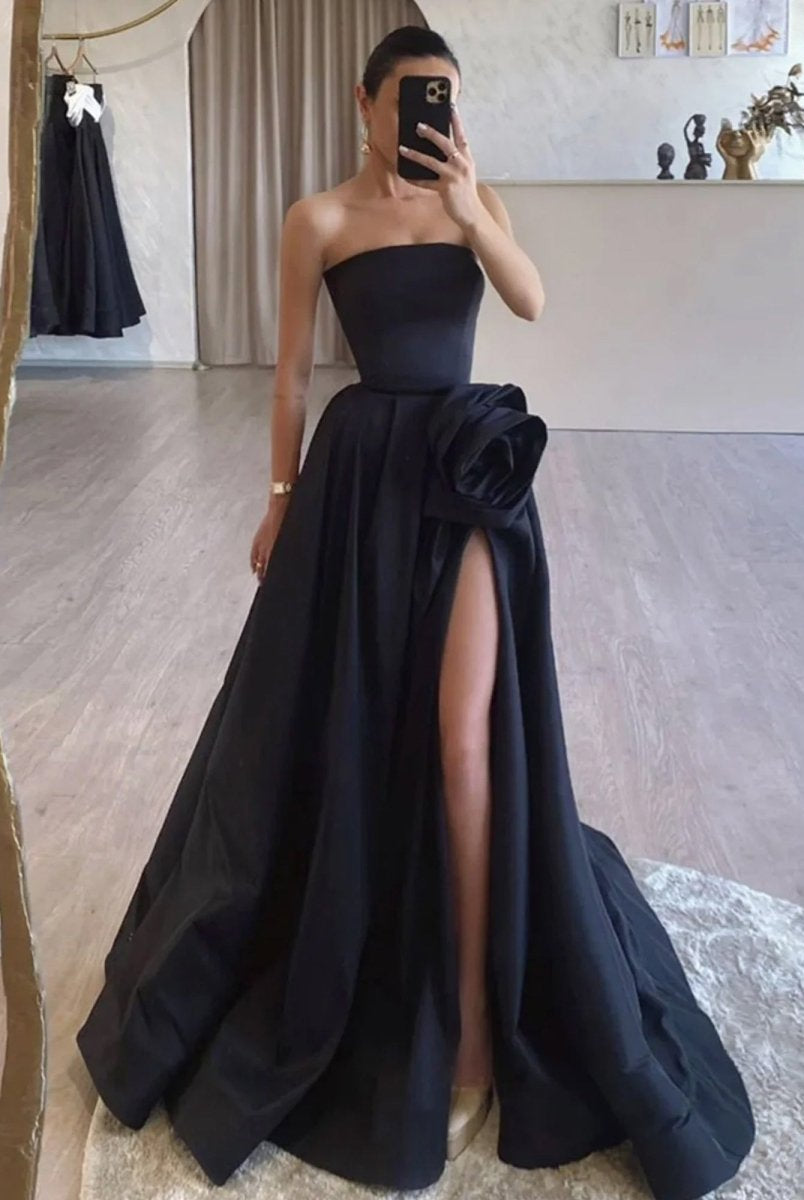 KissProm-Vanora Black Strapless Satin Long Prom Dress With High Split