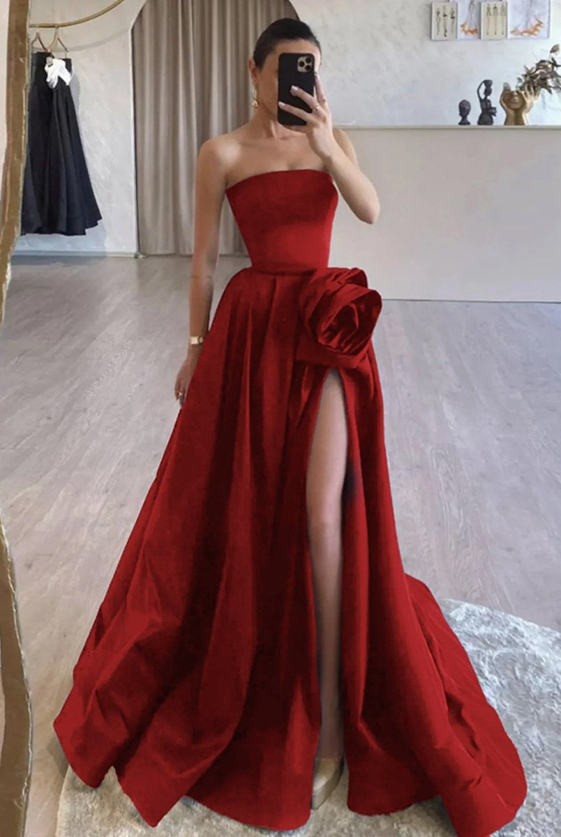 KissProm-Vanora Red Strapless Satin Long Prom Dress With High Split