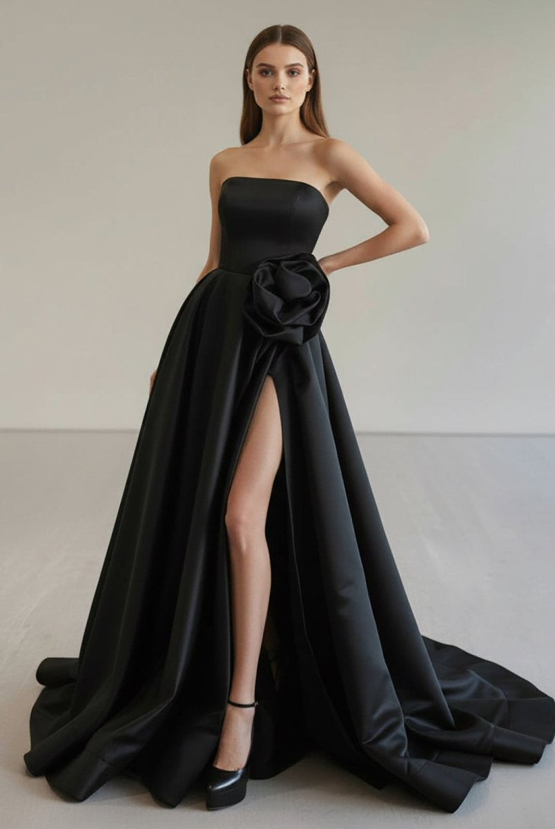 KissProm-Vanora Black Strapless Satin Long Prom Dress With High Split