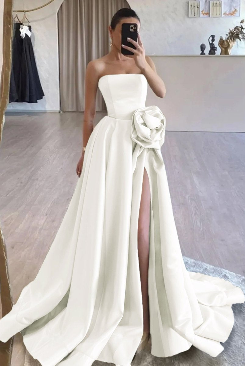 KissProm-Vanora Ivory Strapless Satin Long Prom Dress With High Split