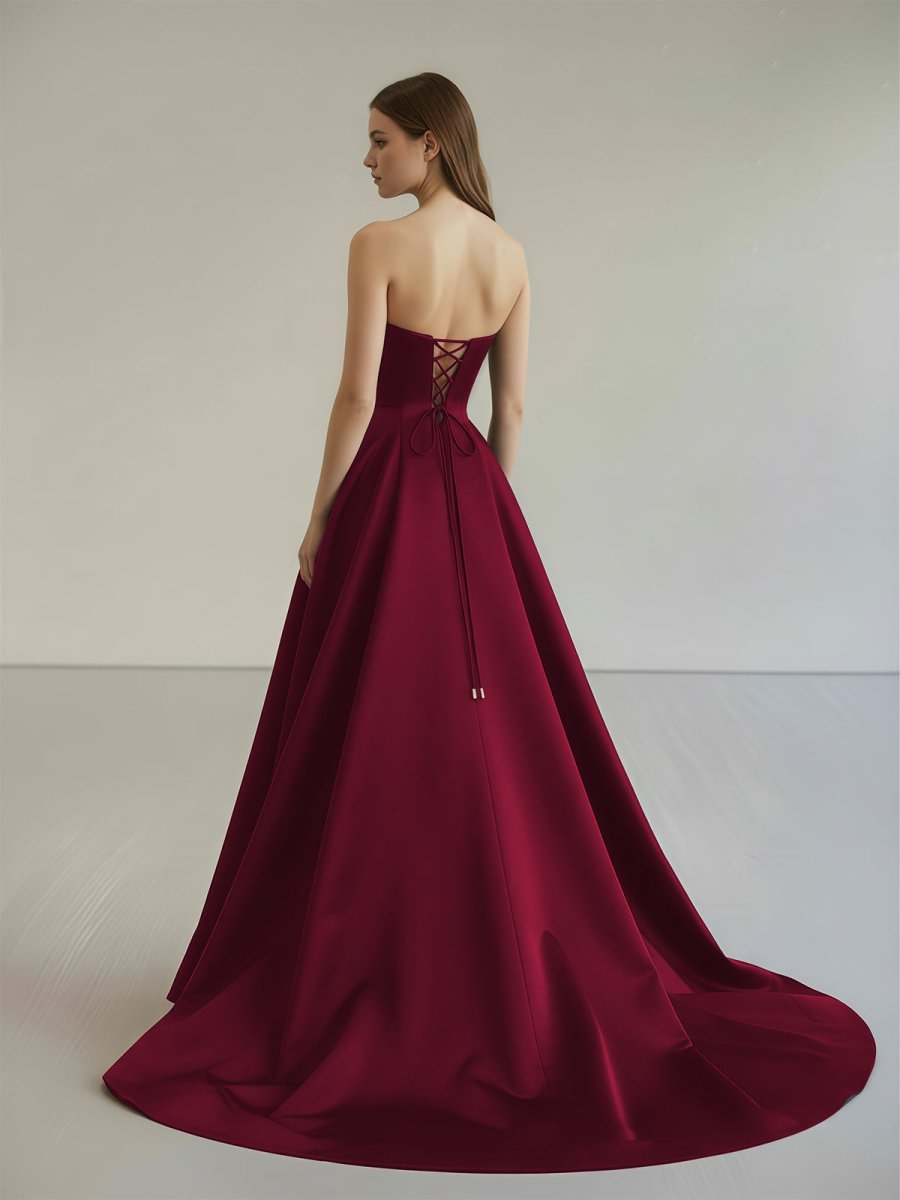 Vanora | Black Strapless Satin Long Prom Dress With High Split - KissProm