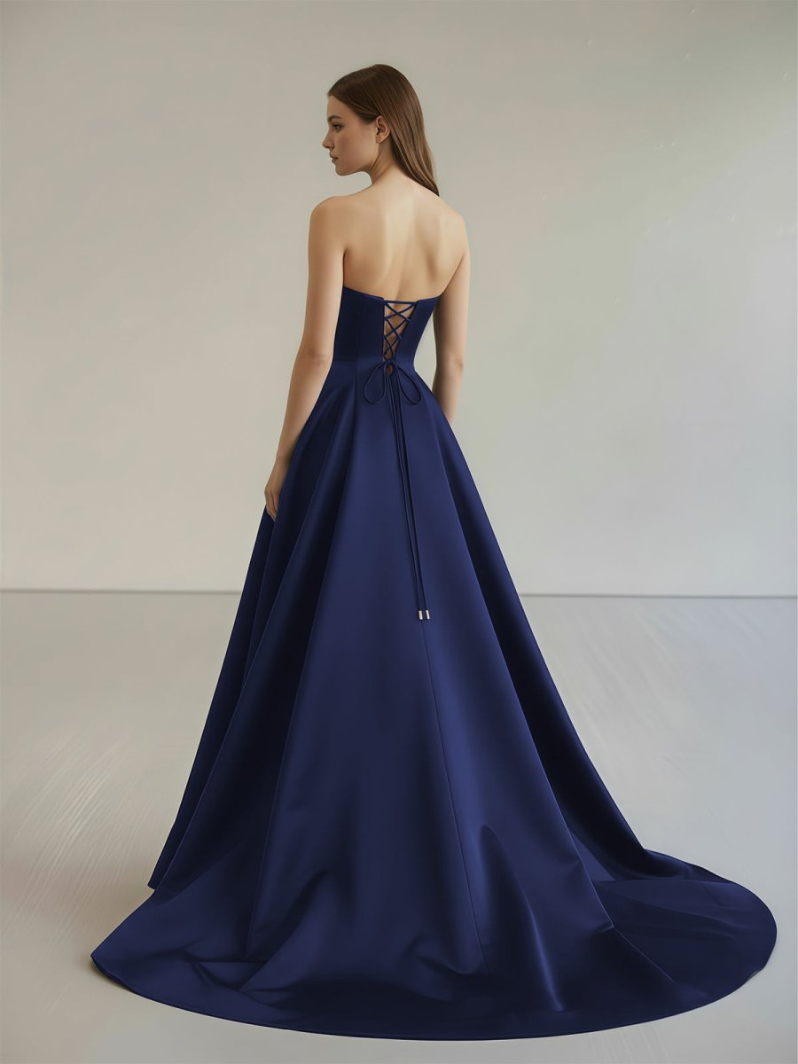 Vanora | Black Strapless Satin Long Prom Dress With High Split - KissProm