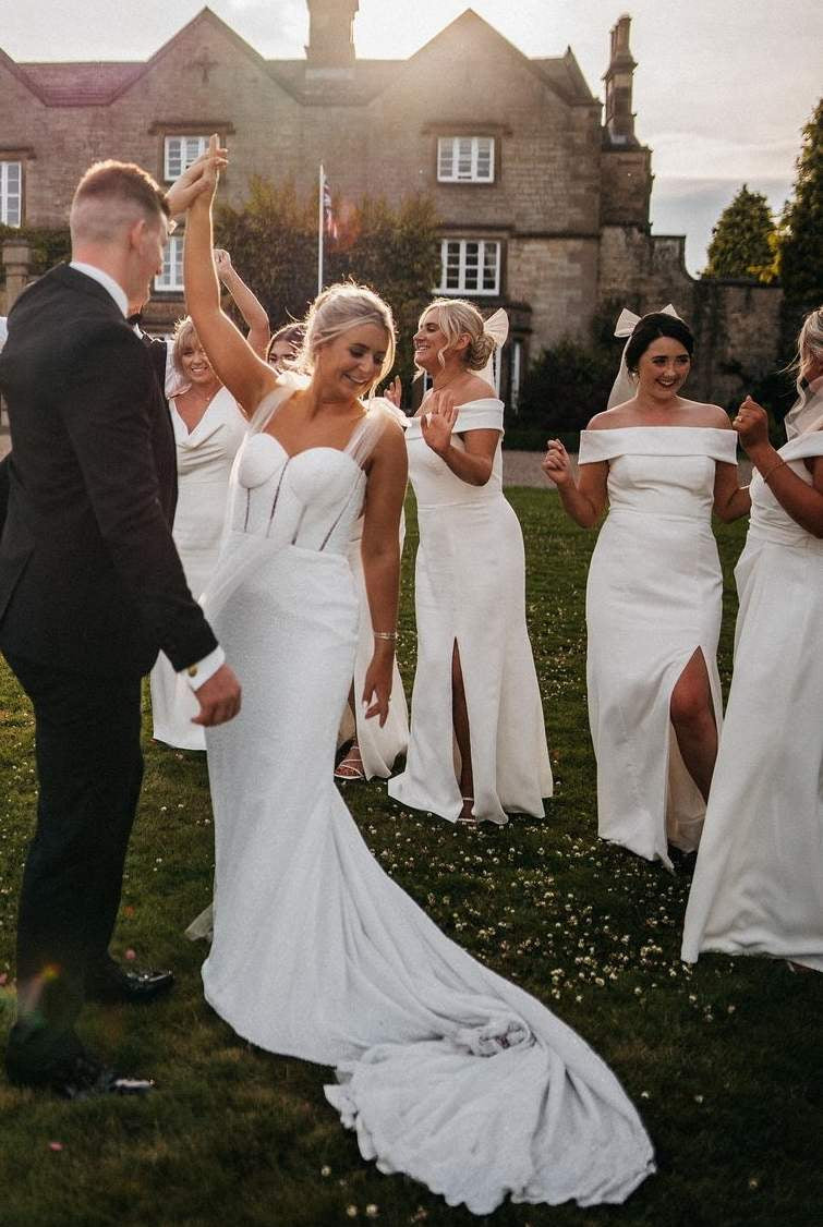 Vanya | White Off - Shoulder Satin Pleats Long Bridesmaid Dress with Slit - KissProm