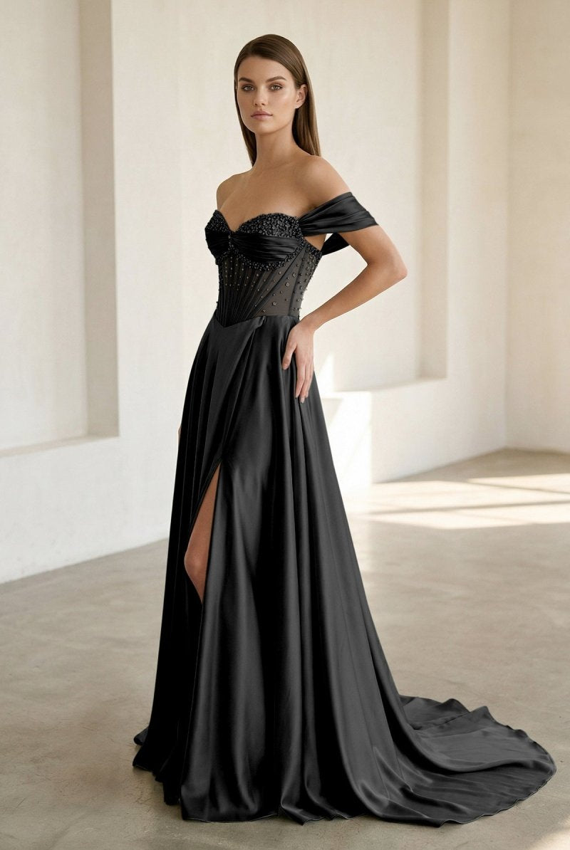 Varelyn | Black - Off The Shoulder A Line Satin Beaded Prom Dresses With Slit-KissProm