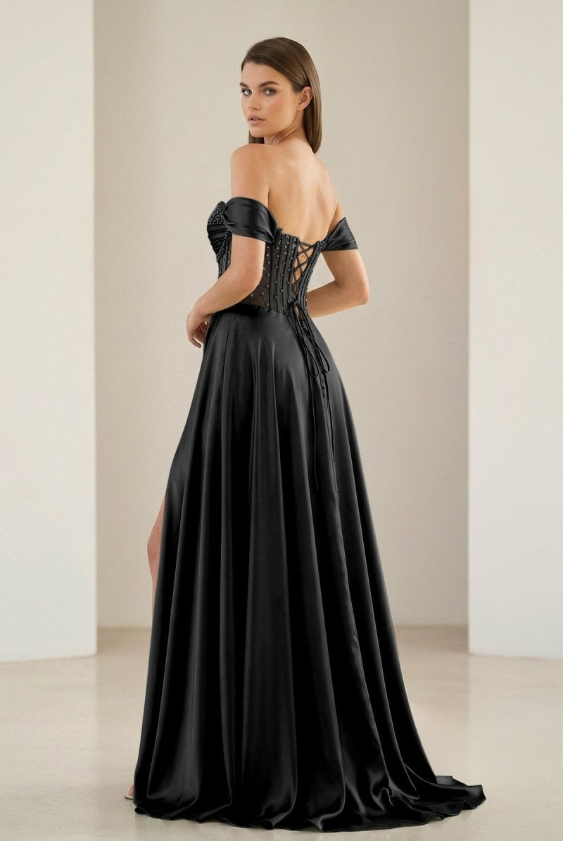 Varelyn | Black - Off The Shoulder A Line Satin Beaded Prom Dresses With Slit-KissProm